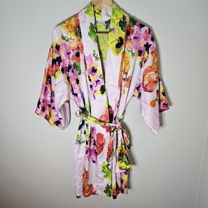 Natori Private Collections Satin Robe Pink Floral Short Length S Small